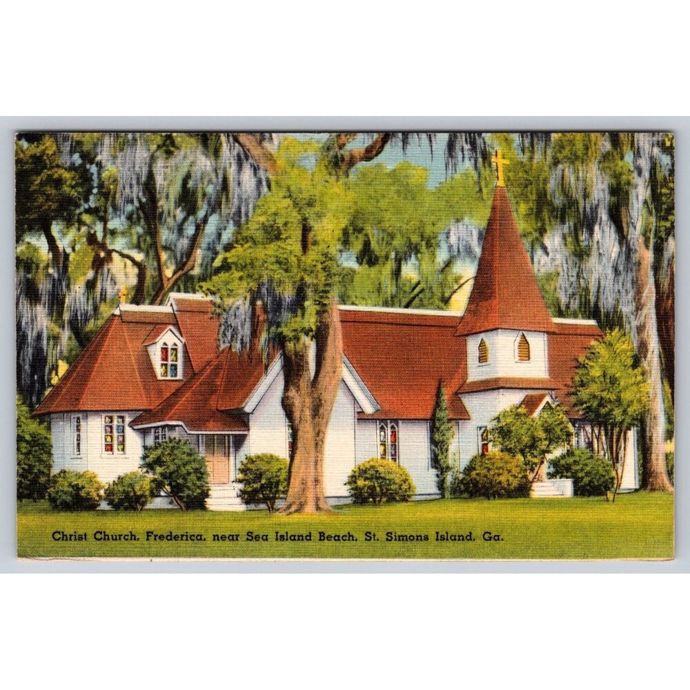 Vintage Linen Postcard Christ Church frederica St. Simons Island GA Curt Teich